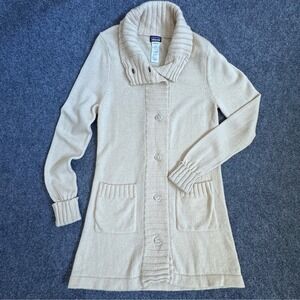 Patagonia Womens Lambswool Blend Long Cardigan Shawl Collar Sweater Cream Medium
